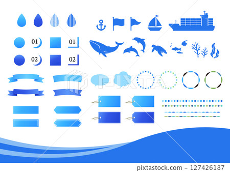 一組藍色海洋和水的向量插圖。魚和船的圖標、框架、裝飾、背景。 127426187