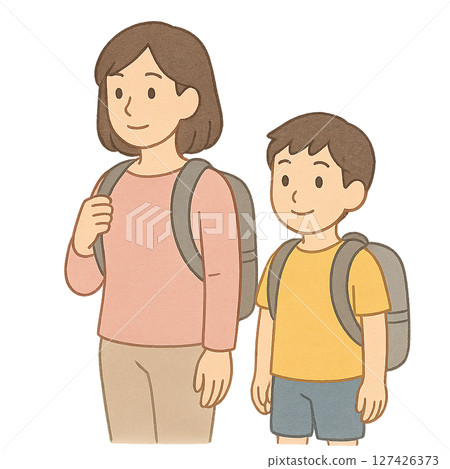 Illustration of a mother and a boy standing side by side with backpacks, flat style material depicting parents and children going out, disaster prevention and climbing Illustration of a mother and a boy standing side by side with backpacks, flat style material depicting parents and children going out, disaster prevention and climbing 127426373