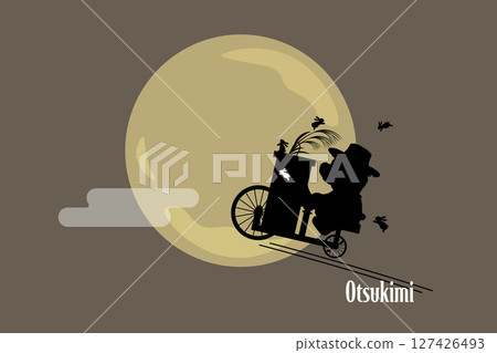 背景插圖：一隻泰迪熊騎著自行車，帶著鋼琴，參加賞月派對的剪影 127426493
