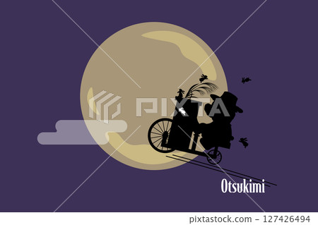 背景插圖：一隻泰迪熊騎著自行車，帶著鋼琴，參加賞月派對的剪影 127426494