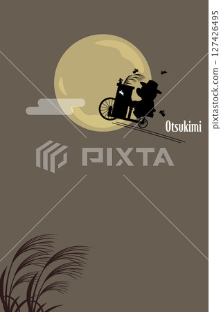 Silhouette of a teddy bear riding a bicycle with a piano and background illustration of a moon viewing party 127426495