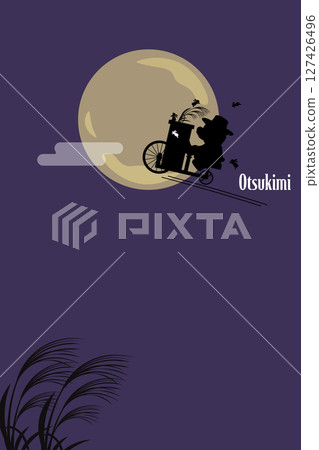 Background illustration of a silhouette of a teddy bear riding a bicycle with a piano and a moon viewing party 127426496