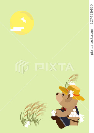 Illustration of a teddy bear and a rabbit watching the moon, vertical 127426499
