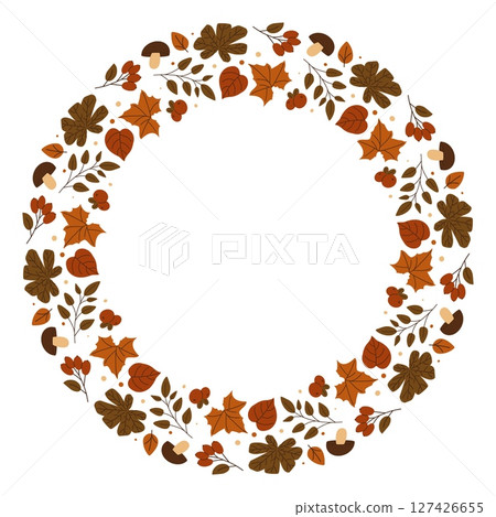 Autumn vector wreath with berries, mushrooms and colorful leaves. Perfect for fall season banners, greeting cards and cozy harvest designs. Vector illustration Autumn vector wreath with berries, mushrooms and colorful leaves. Perfect for fall season banners, greeting cards and cozy harvest designs. Vector illustration 127426655