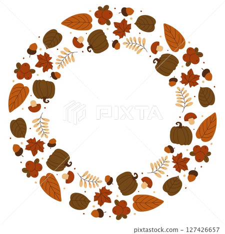 Fall foliage wreath illustration with pumpkins, leaves, berries, branches and more. Seasonal frame for autumnal nature design, invitations or web decor. Vector illustration 127426657