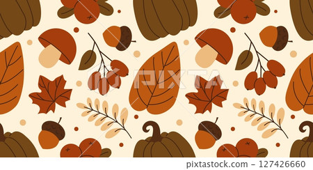 Autumn seamless pattern with berries, mushrooms, acorn, colorful leaves. Perfect for fall print, fabric, wrapping paper, wallpaper and more. Vector illustration 127426660