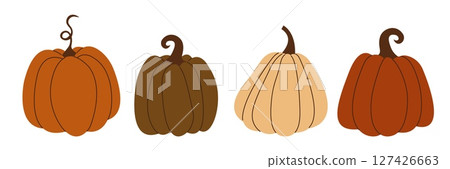 Set of hand drawn fall pumpkins. Red, orange, brown and gray vegetables. Concept for autumn decorative design, halloween invitation, Thanksgiving day, harvest. Vector illustration 127426663