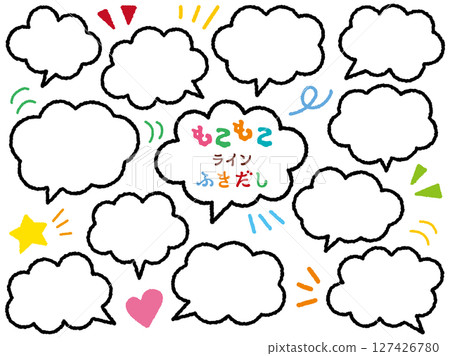 Fluffy line cloud speech bubble set/black line, white window Fluffy line cloud speech bubble set/black line, white window 127426780