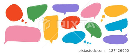 Colored hand drawn speech bubble collection. Doodled dialog box set. Scribbled textured marker comic talk frames. Red, blue, green, pink balloon text box bundle. Bright sketched chat box pack. Vector  127426900