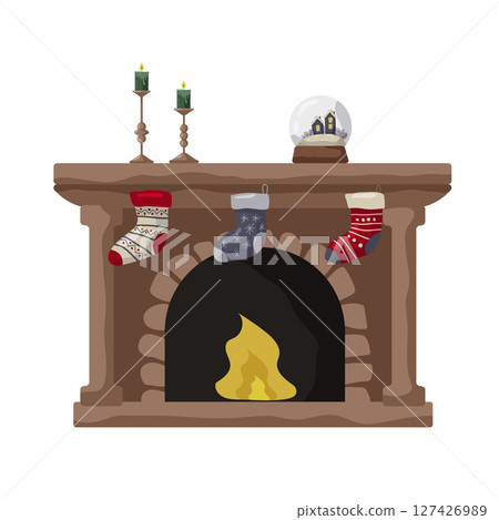 Cozy fireplace adorned with stockings and festive decorations in a winter setting Cozy fireplace adorned with stockings and festive decorations in a winter setting 127426989