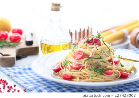 Cold pasta with whitebait and tomatoes Cold pasta with whitebait and tomatoes 127427008