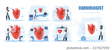 Cardiologist collection. Heart health. Islamic Female doctors examines internal organs. Set of Vector illustrations in flat cartoon style Cardiologist collection. Heart health. Islamic Female doctors examines internal organs. Set of Vector illustrations in flat cartoon style 127427050