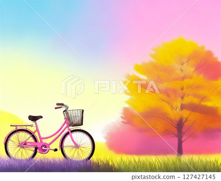 美麗的日落和一輛自行車的風景 127427145