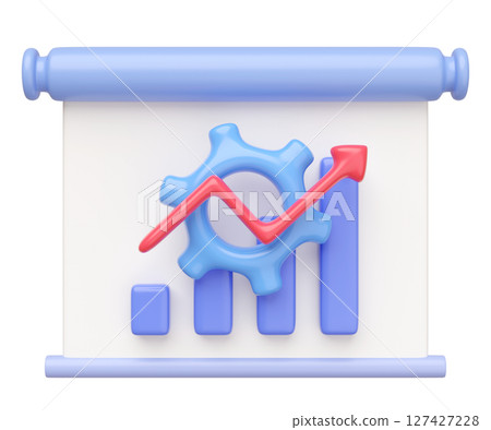 3d presentation board icon with gear, graph, data isolated. cartoon style. business finance analysis, 3d render illustration 127427228