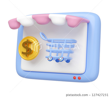 3D computer monitor store front with dollar coin, shopping cart isolated. Ideal for online shopping, represents e commerce and online retail. cartoon style, minimal design, 3d render 3D computer monitor store front with dollar coin, shopping cart isolated. Ideal for online shopping, represents e commerce and online retail. cartoon style, minimal design, 3d render 127427231