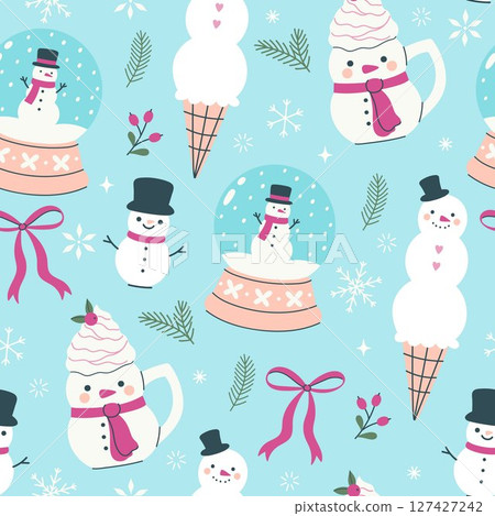 Cute seamless Christmas pattern with snowmen. Vector graphics. Cute seamless Christmas pattern with snowmen. Vector graphics. 127427242
