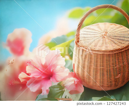 夏日藍天，點綴著籃子和粉紅花朵。 AI 產生的影像 127427243