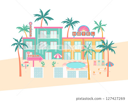 Tropical resort hotel vector illustration. Colorful hotel building with balconies, pool, palm trees, sunbeds, parasol isolated on white background. Flat summer vacation landscape for tourism design 127427269