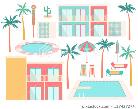 Summer vacation hotel and pool vector set. Flat cartoon palm trees, colorful motel buildings, parasols, sunbeds, pools isolated on white for tropical tourism design, print in mid-century modern style Summer vacation hotel and pool vector set. Flat cartoon palm trees, colorful motel buildings, parasols, sunbeds, pools isolated on white for tropical tourism design, print in mid-century modern style 127427274