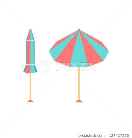 Striped beach umbrella vector illustration. Folded and open parasol isolated on white background. Summer accessory for vacation, seaside relaxation, sun protection, hotel pool in flat cartoon style Striped beach umbrella vector illustration. Folded and open parasol isolated on white background. Summer accessory for vacation, seaside relaxation, sun protection, hotel pool in flat cartoon style 127427276