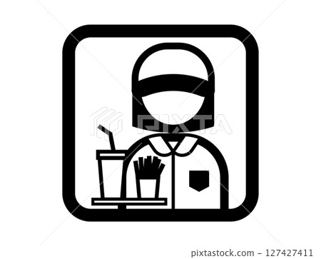 Simple square monochrome illustration icon of a fast food worker holding fries and juice 127427411