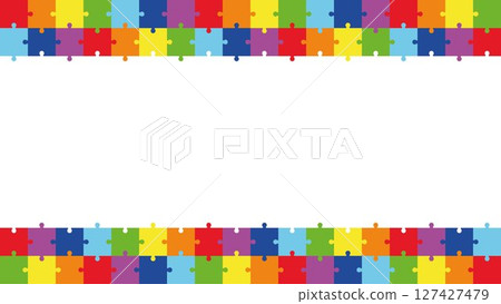 Colorful Puzzle Frame Background for Text or Design. Autism Awareness Border with Jigsaw Pattern. Bright Rectangle Banner Template for School, Kids Events, or Educational Projects. 127427479