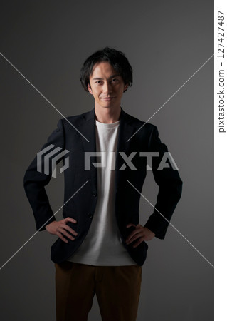 A young man wearing a black jacket (black background) A young man wearing a black jacket (black background) 127427487