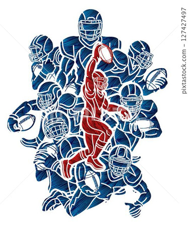 Silhouette American Football Players Mix Action Cartoon Sport Graphic Vector 127427497