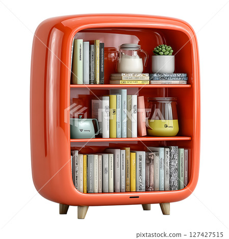Vibrant orange bookshelf showcases collection of books, decorative items, and plant, creating lively and modern atmosphere Vibrant orange bookshelf showcases collection of books, decorative items, and plant, creating lively and modern atmosphere 127427515