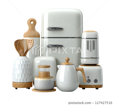 Glossy D scene of modern household appliances featuring refrigerator, kettle, and various kitchen tools, showcasing sleek design and warm tones 127427516