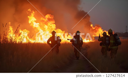 Firefighters respond to large wildfire, showcasing bravery and teamwork in dramatic scene 127427614