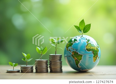 Growing plants on coins symbolize green energy and sustainable resources Growing plants on coins symbolize green energy and sustainable resources 127427674