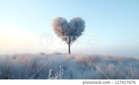 heart shaped tree stands in frosty meadow, creating serene winter scene. landscape is covered in frost, evoking sense of tranquility and beauty heart shaped tree stands in frosty meadow, creating serene winter scene. landscape is covered in frost, evoking sense of tranquility and beauty 127427676