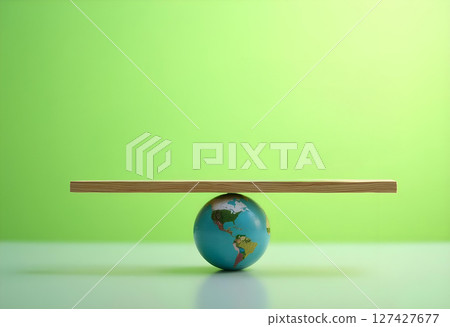 globe balanced on wooden plank symbolizes environmental balance and harmony globe balanced on wooden plank symbolizes environmental balance and harmony 127427677