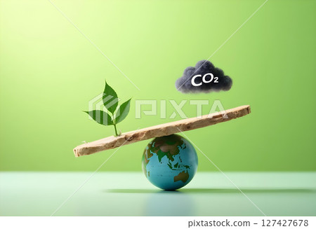 balanced representation of environmental harmony with globe, leaves, and CO2. This emphasizes importance of ecological balance balanced representation of environmental harmony with globe, leaves, and CO2. This emphasizes importance of ecological balance 127427678