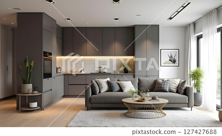 Stylish apartment interior with modern kitchen and cozy living area, featuring elegant decor and natural light 127427688