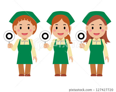 A young woman in a green apron holding up the correct answer card. Part 2 127427720