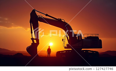 large mechanical excavator arm silhouetted against vibrant sunset, with worker standing nearby, creates striking scene of industry and nature large mechanical excavator arm silhouetted against vibrant sunset, with worker standing nearby, creates striking scene of industry and nature 127427746