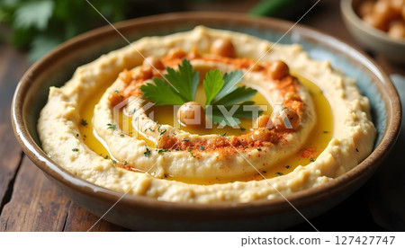 Creamy hummus topped with olive oil, chickpeas, and parsley, served in bowl Creamy hummus topped with olive oil, chickpeas, and parsley, served in bowl 127427747