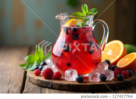 vibrant glass pitcher filled with refreshing berry drink, garnished with mint and citrus. Perfect for summer gatherings 127427764