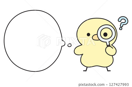 一隻可愛的小雞透過放大鏡觀察並漂浮著問號的插圖 一隻可愛的小雞透過放大鏡觀察並漂浮著問號的插圖 127427993