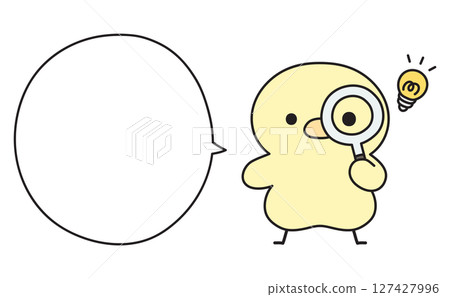 Illustration of a cute chick and a speech bubble looking through a magnifying glass and thinking of something 127427996