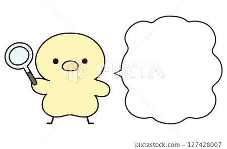 一隻可愛的小雞拿著放大鏡和講話泡泡的插圖 一隻可愛的小雞拿著放大鏡和講話泡泡的插圖 127428007