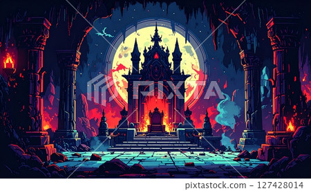Retro game style natural pixel art background (End of Days Ritual Grounds) Generative AI 127428014