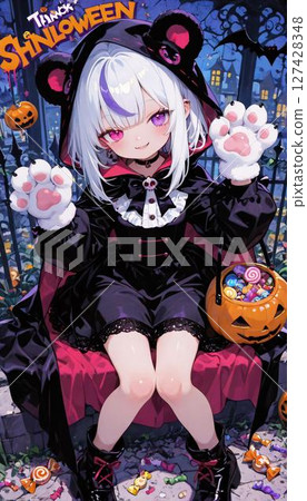 Charming Anime Girl in Bear Hooded Vampire Costume for Halloween 127428348