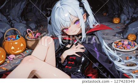 Elegant Anime Girl Vampire with Halloween Treats in Cave 127428349