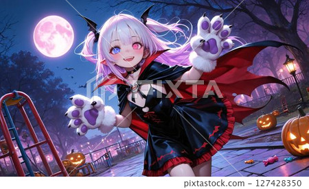 Energetic Anime Girl Neko Vampire on Halloween Night 127428350
