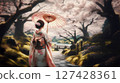 A woman in a kimono holding an umbrella standing under a cherry blossom tree 127428361