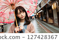 A woman holding an umbrella at a tourist spot 127428367