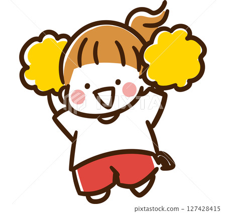 A deformed illustration of a girl cheering while jumping with yellow pom-poms in both hands 127428415